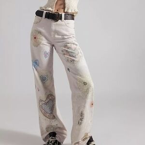 Embroidered Heart Patterned Pants